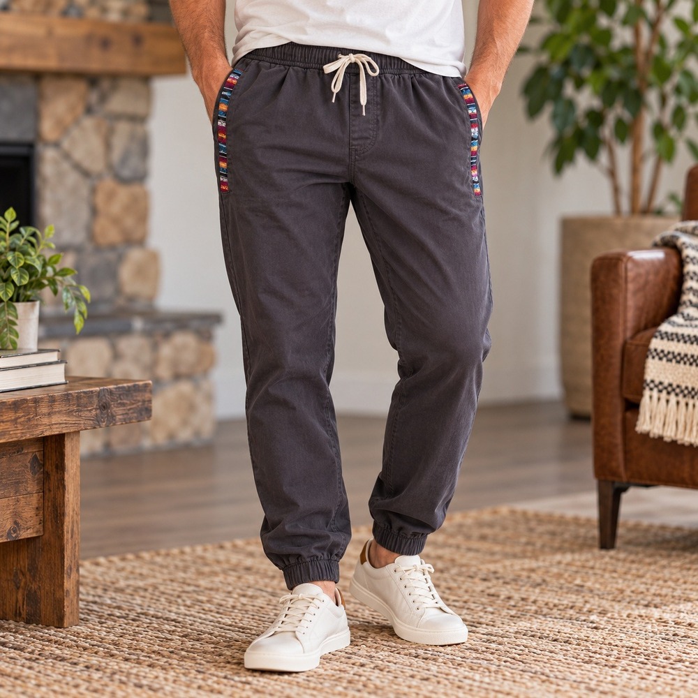Wowie Mens Jogger Pants Large Charcoal Gray Woven Trim Boho Casual Drawstring